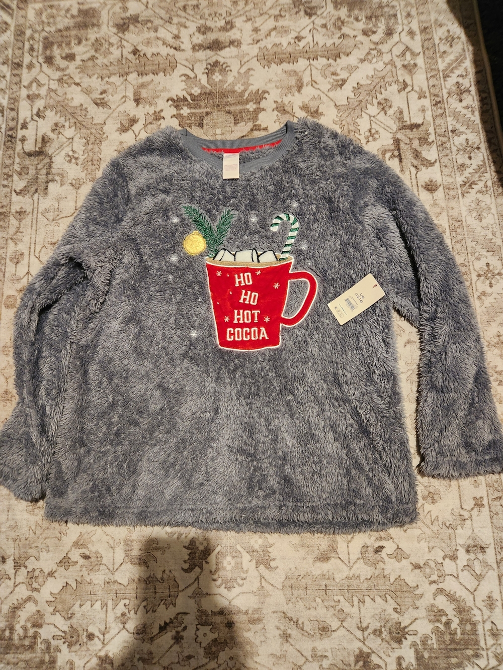 Plush Holiday Crewneck Sweater - Gray with Red Hot Cocoa Motif